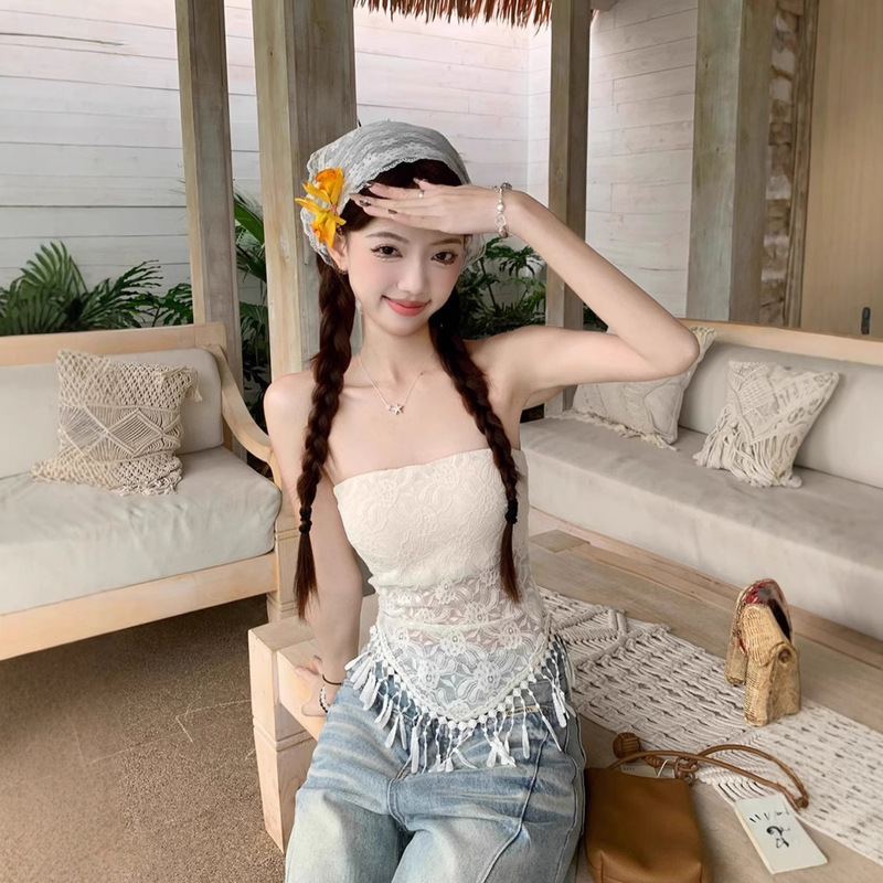 Pure Lust Style Sexy Lace Tassel Tube Top Women's Summer Niche Elegant Waist Sleeveless Outer Wear Inner Top