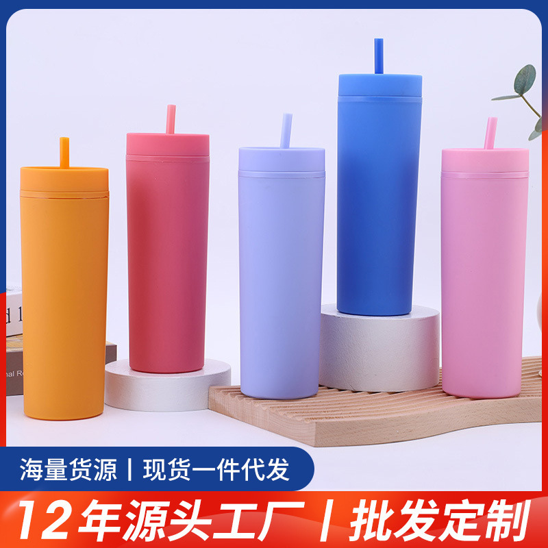 跨境亚马逊高颜值双层塑料杯磨砂橡胶漆创意水杯16OZ直身吸管杯
