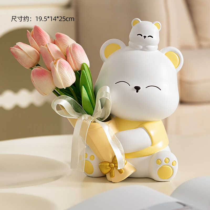 포옹 곰 꽃을 들고 노란색 큰 + 핑크 흰색 튤립 7 (무료 리본)