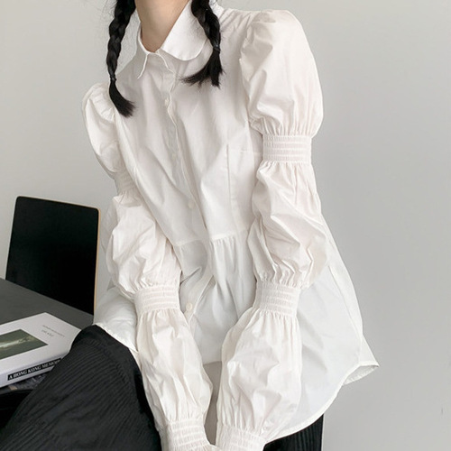 2025 Spring Korean Style White Rose Youthful Subtle Design Bubble Petal Sleeve Unique Long-Sleeve White Shirt Trend