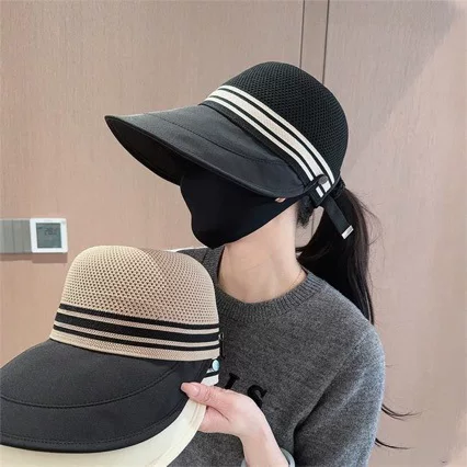 Hollow Breathable Fisherman Hat Women's Summer Korean Style Outdoor Big Brim Sunshade Sunscreen Hat with Ponytail Cap