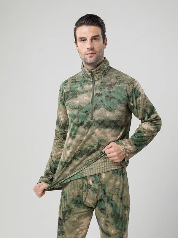 Hombre secado rápido camuflaje táctico calentamiento conjunto de ropa interior grueso pelusa al aire libre deportivo de collar cremallera a prueba de viento