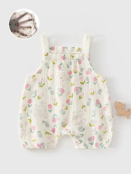 Baby Sling Romper Summer Korean Style Fashionable Floral Sling Jumpsuit for Girls Gauze Single-Layer Crawling Outfit