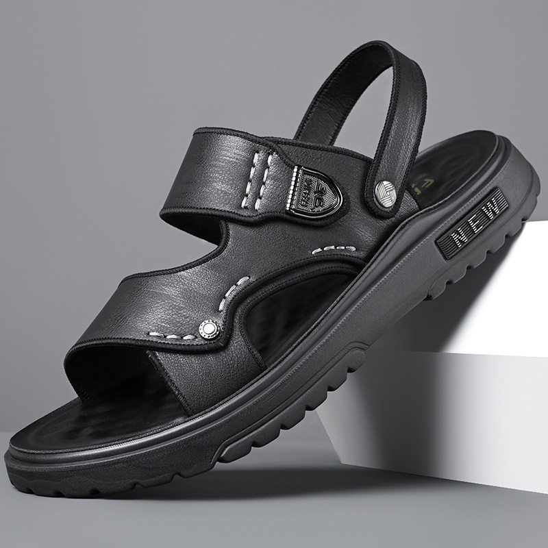 Dép sandal nam quai ngang hở ngón đế dày lót cao su mềm, đi ngoài trời và đi biển — QS991 màu kaki, QS991 màu đen