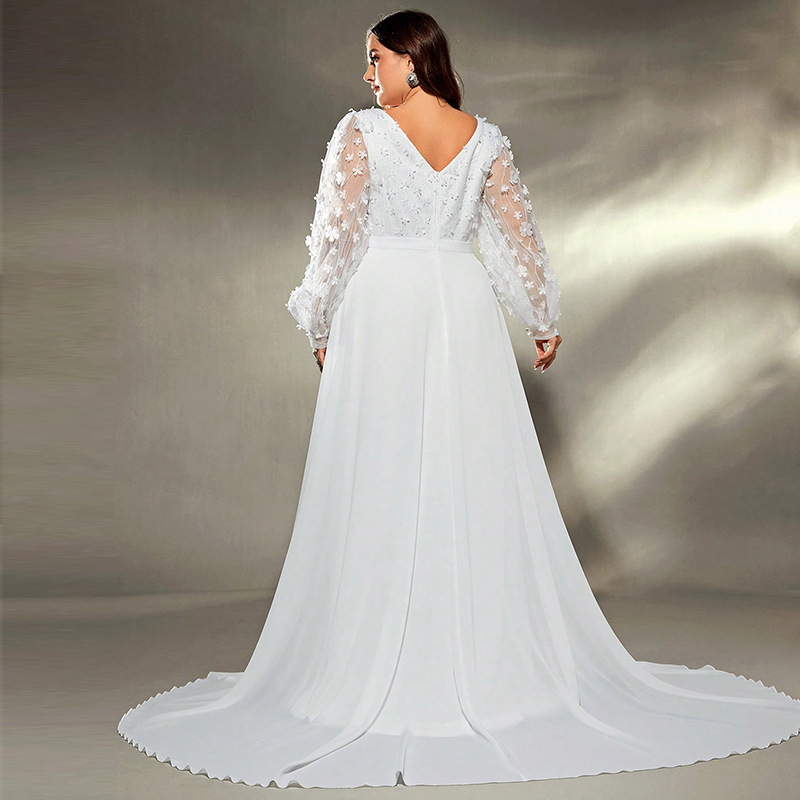 Plus Size Belted Wedding Dress with Long Sheer Sleeves