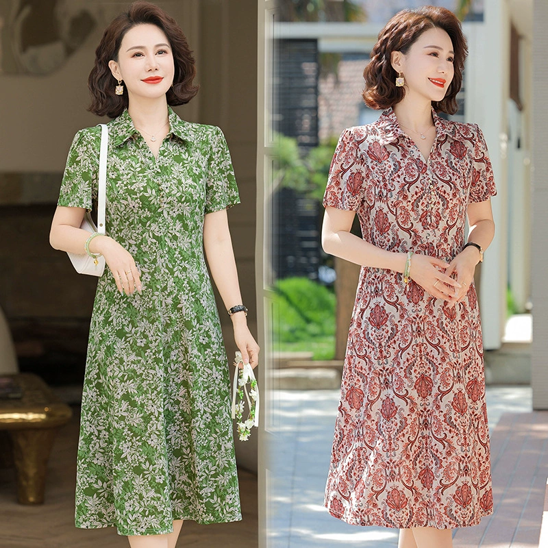 Летнее платье для женщин среднего возраста с отложным воротником, платье из ледяного шелка с короткими рукавами, 2025 мама стиль цветочное утягивающее платье средней длины для оптовой продажи.