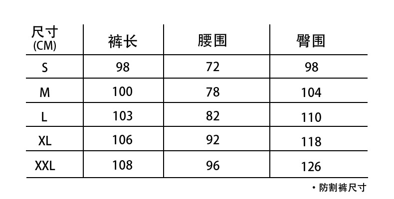 防割裤尺寸表