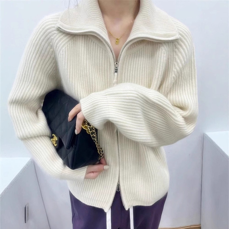 Autumn and Winter Thickened High-Neck Wool Cardigan with Double Zipper, Solid Color Striped Coat Sweater for Women, Cashmere Style for Commuting