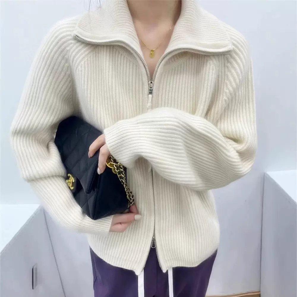 秋冬加厚高反领羊毛衫双拉链开衫纯色抽条外套毛衣女羊绒气质通勤
