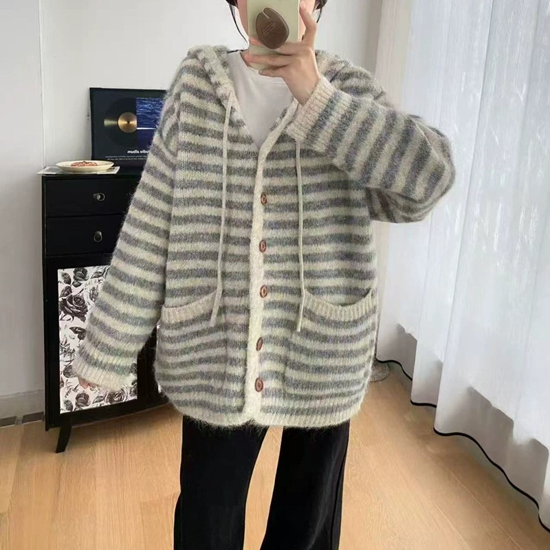 大版跨境外贸秋冬新款条纹连帽抽绳针织开衫外套女宽松慵懒风毛衣|undefined