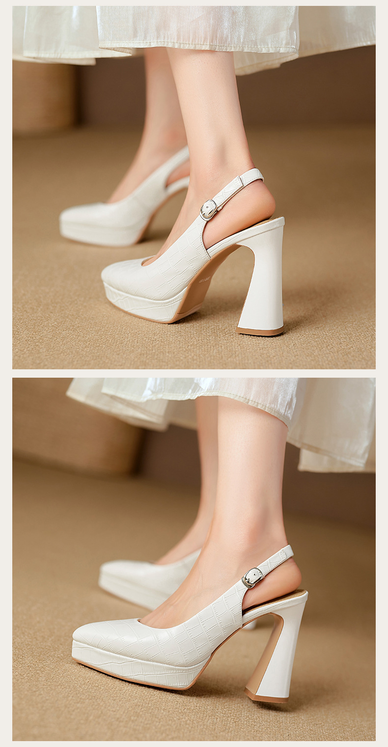 Sandal cao gót nữ mũi nhọn bít gót 10 cm, đế platform, da thật đi làm 2026 — màu trắng ngà, bạc chi tiết 9