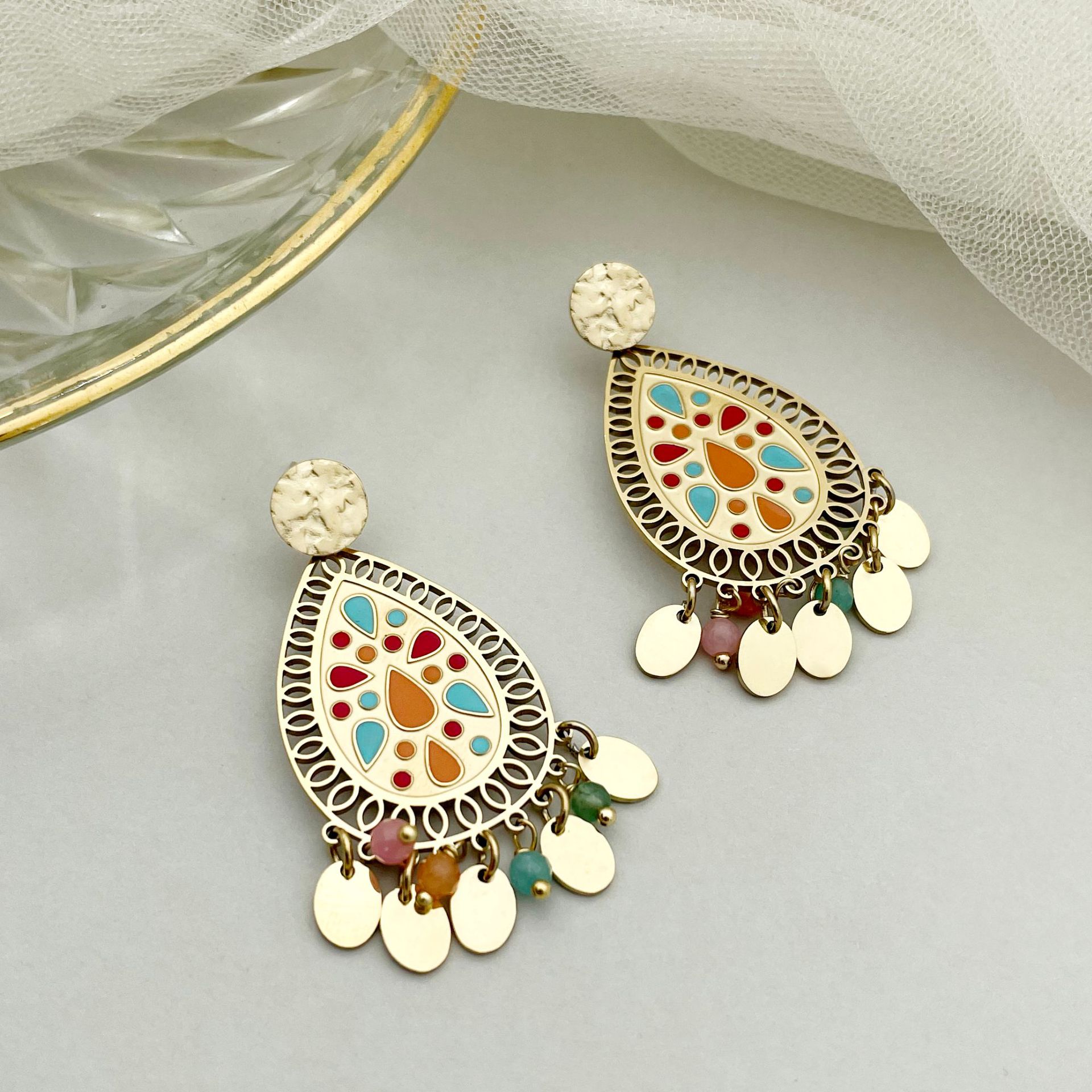 1 Pair Ethnic Style Water Droplets Stainless Steel Enamel Drop Earrings display picture 5