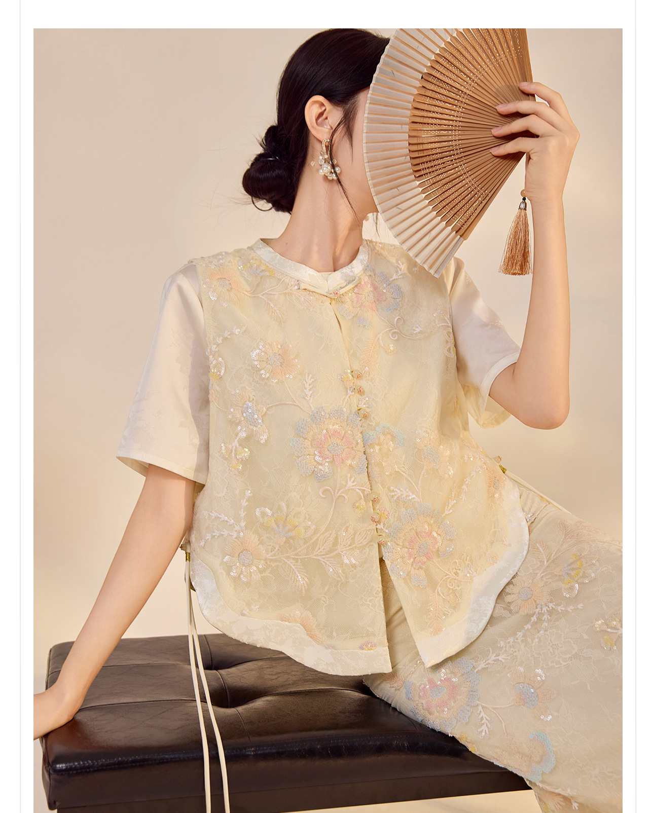 Bộ áo vest và váy nữ phong cách Trung Hoa thêu hoa văn nặng, nút tua rua ZX N5035 — Váy nửa, Áo gilê chi tiết 9