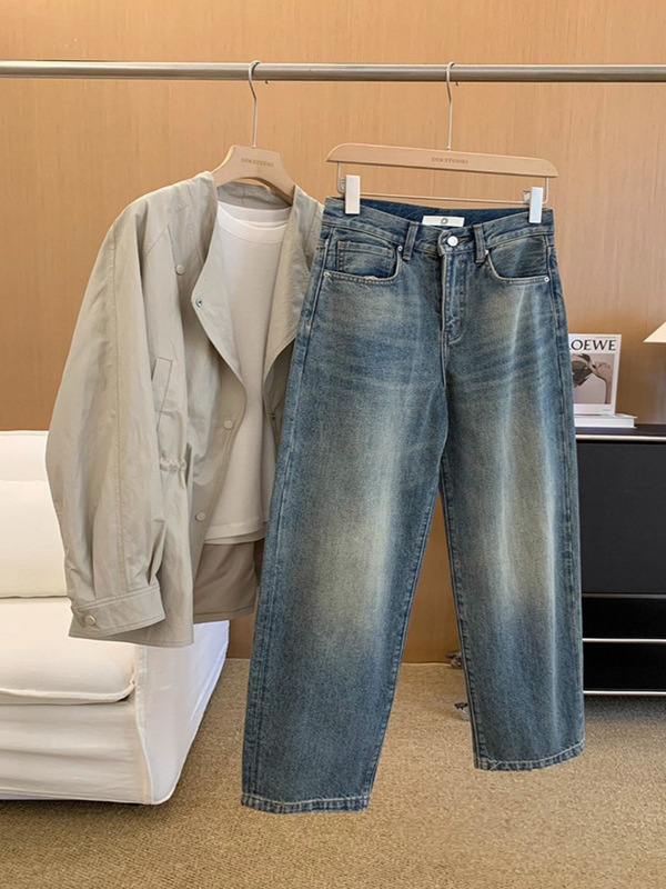 私服蓝牛！早秋复古石洗手工猫须直筒裤微锥十分牛仔裤女2025|undefined