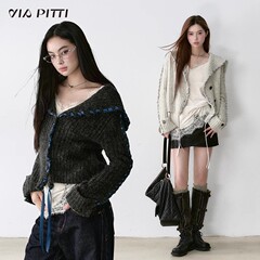 设计感飘带大翻领针织衫开衫女秋季含羊驼毛宽松毛衣外套