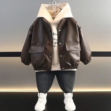 男童皮衣外套2025新款儿童卫衣皮夹克春秋小童宝宝春装两件套痞帅