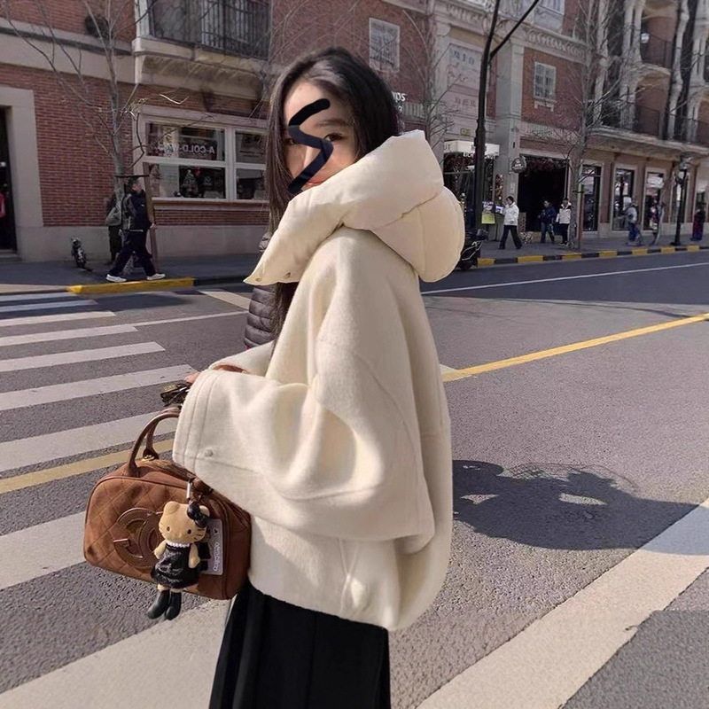 Double-Sided Wool Loose Short Coat with down Jacket Elements for Women, 2025 Autumn and Winter, Zipper, Hooded, Drawstring Hem