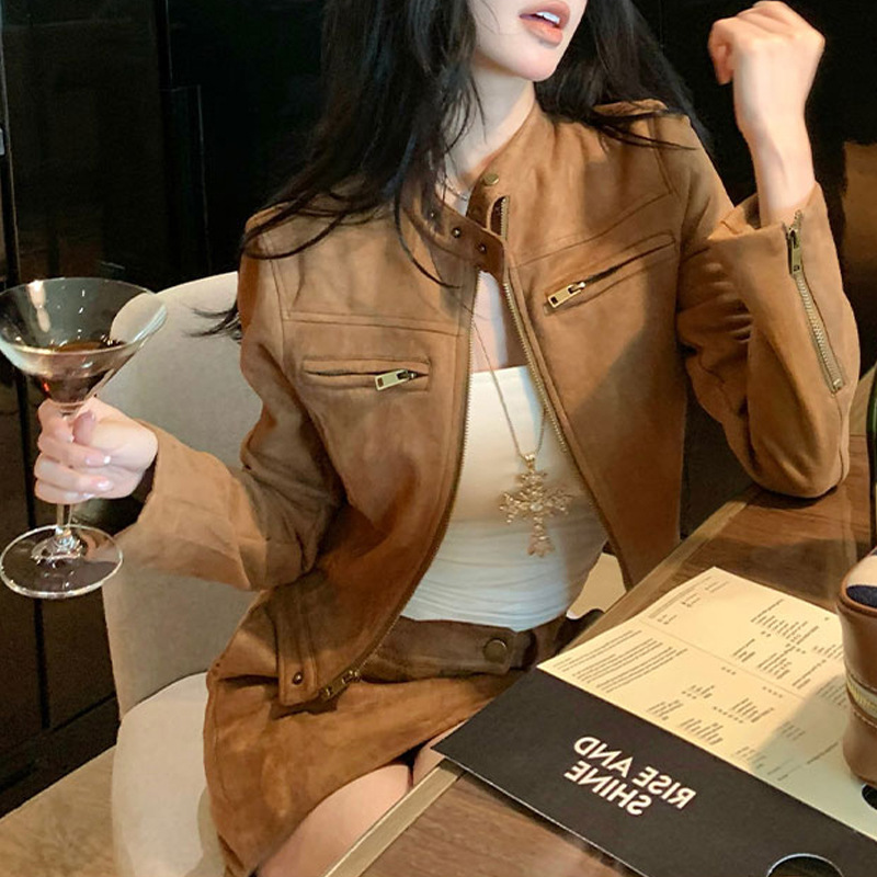 “miu系大小姐”棕色麂皮绒机车夹克复古美拉德风立领外套半身裙|undefined