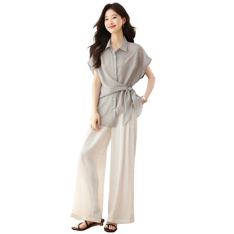 Летний комплект 2025 года: новые свободные утягивающие стильные модные широкие брюки и короткий топ