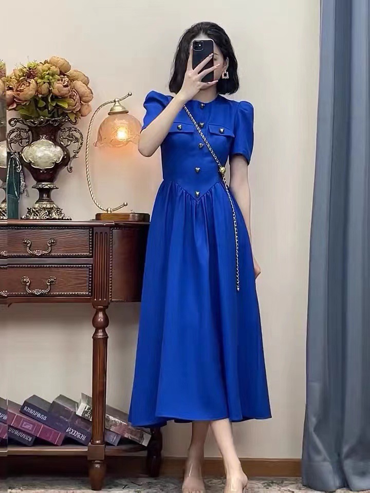 Đầm suông nữ midi Klein Blue phong cách retro khí chất — Màu xanh lam, Màu xanh lá chi tiết 1