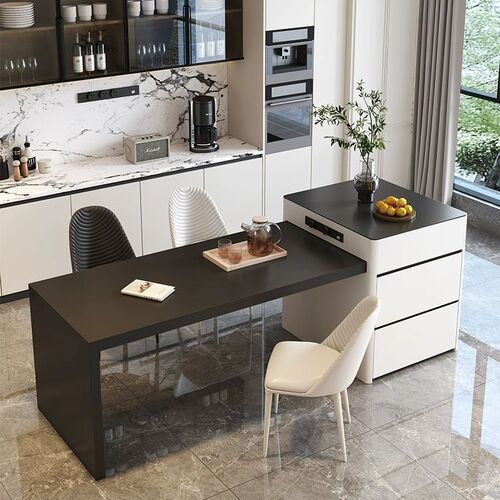 Simple, sleek rock slab island dining table with integrated, extendable, rounded-edge design—perfect for modern kitchens and compact homes as a stylish bar counter or kitchen island.