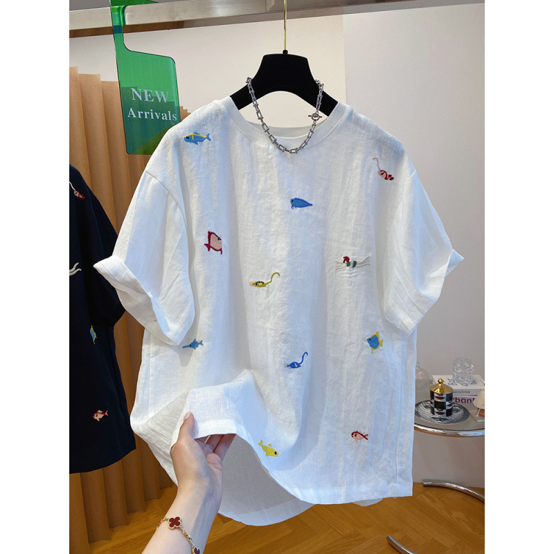 ハイエンドホワイトナチュラルリネン Tシャツレディース半袖 2025 新しいヨーロッパルーズプルオーバーラウンドネックコットンとリネントップ夏|undefined