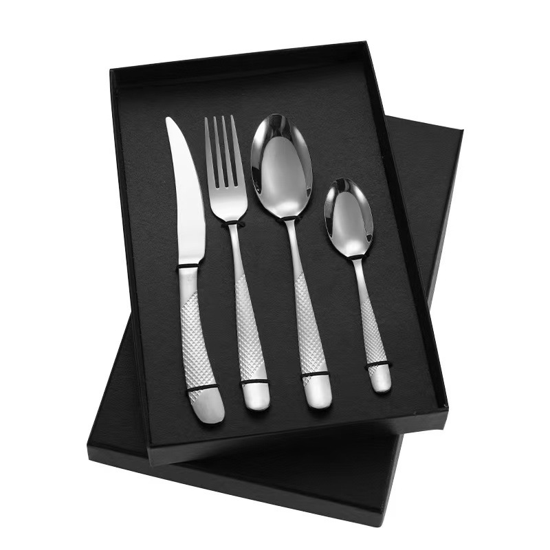 クロスボーダー410スタードリルナイフフォークスプーンステンレス食器洋食金メッキステーキナイフフォークホテル4点セット|undefined