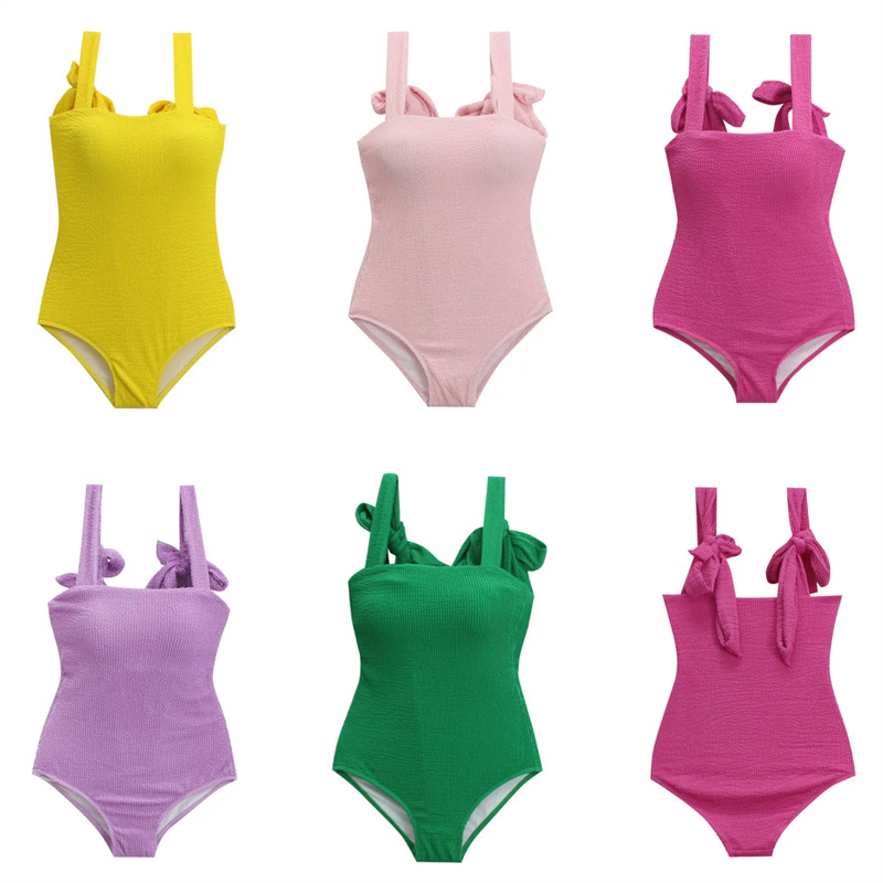 Brand solid color retro swimwear with bow