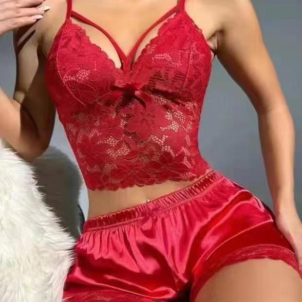 Cross-Border Foreign Trade Amazon Vest Top Wish Lace Home Shorts Pajamas Suit Suspenders European and American Lace