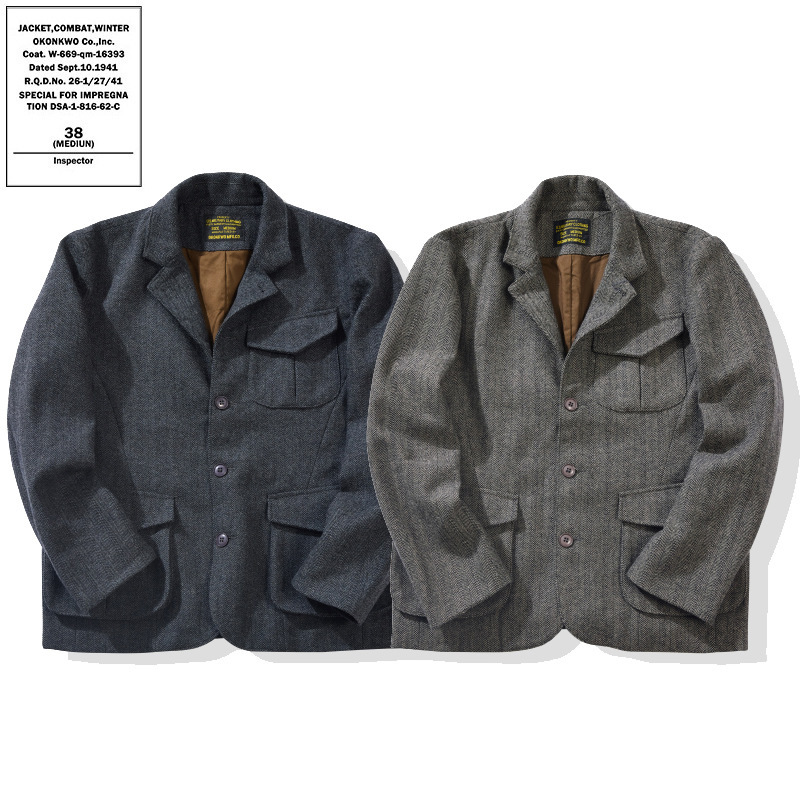 Okonkwo Retro Herringbone Thick Wool Jacket Casual Suit Jacket with Stand Collar