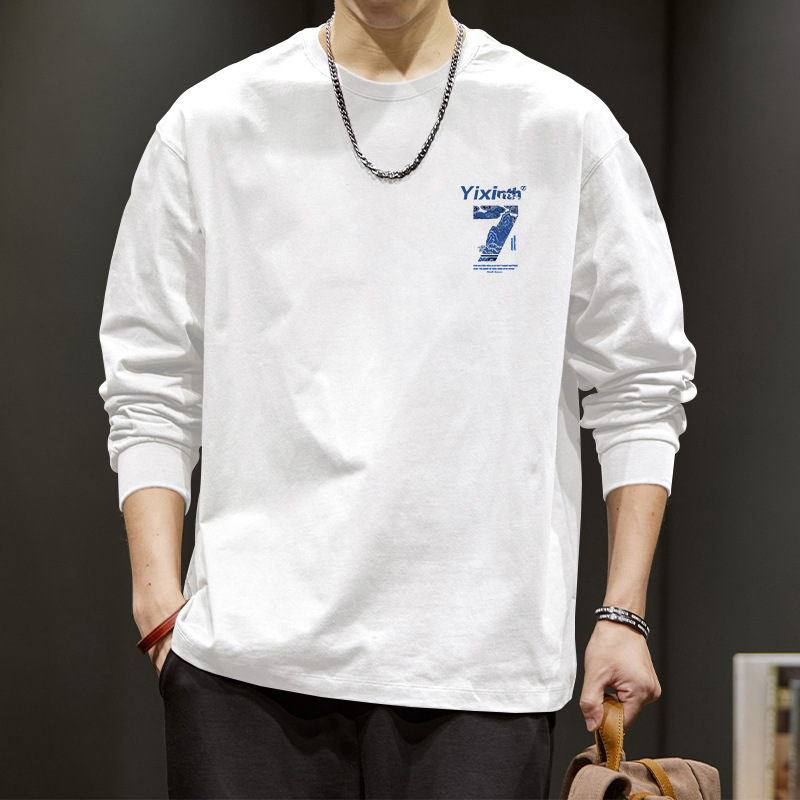 200g Heavyweight Pure Cotton White Long-Sleeved T-Shirt Men's Bottoming Shirt Spring and Autum Inner Wear Men's Round Neck
