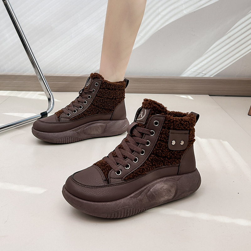 High Top Cotton Shoes for Women 2023 Winter New Plush Versatile Student Lamb Plush Trendy Women's Thick Sole Casual Shoes_voghion.com