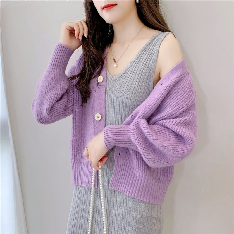 French V-Neck Candy Color Long Sleeve Cardigan Women's Loose Knit Sweater Coat Casual Elegant Outerwear_ecoleips.com
