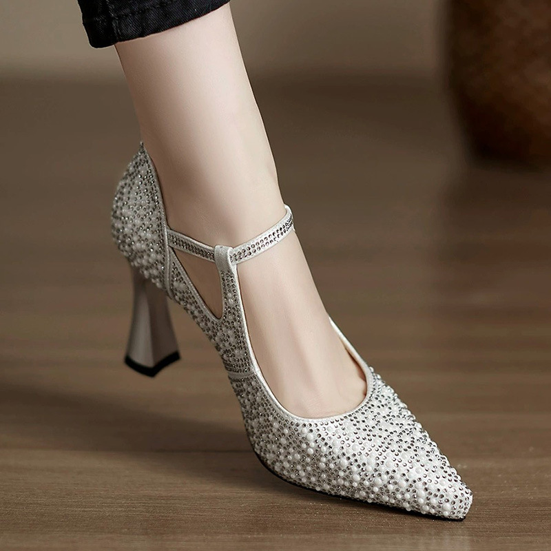 Fashion Pearl Hot Rhinestone High Heel Shoes Women's 2025 Spring New Arrival Single-layer Shoes with Pointed Buckle