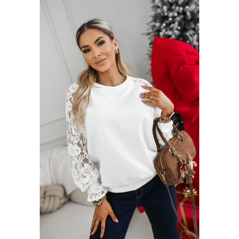 Cross-Border Foreign Trade New Model Amazon Aliexpress Lace Patchwork Sleeves Spring Style Long-Sleeved T-Shirt Women's Top
