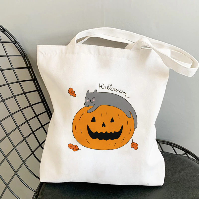 135g Weight Canvas Lining Material Halloween Unisex Canvas Animal Pumpkin Letter Streetwear Square Open Shoulder Bag Canvas Bag