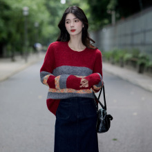 德玛纳甜美花纱撞色条纹线衫女25冬季新款圆领软糯宽松针织衫上衣
