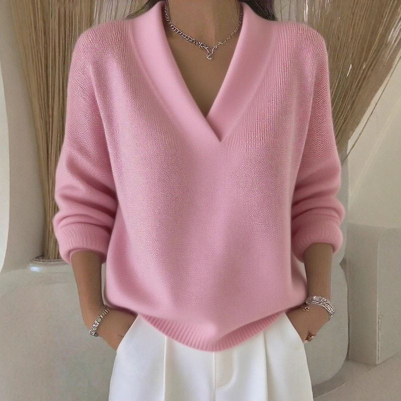 2026 European and American Knitted V-Neck Loose Sweater Autumn and Winter New Cross-Border Solid Color Casual Fashion Women's Knitwear