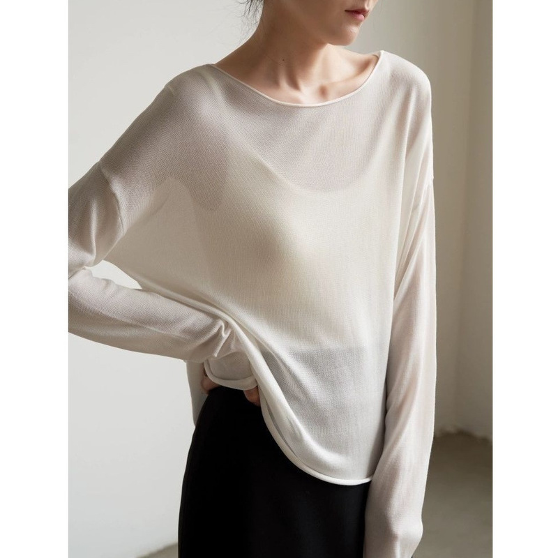 Ss Studio Plaid and Skin-Friendly Acetate Tencel Light Wool Knitwear Women's Long-Sleeved Loose Blouse Sun Protection Top