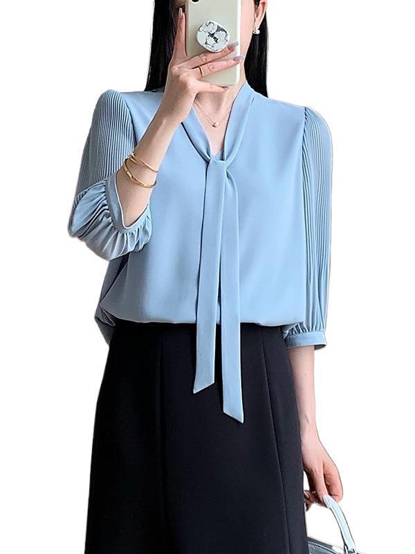 Weiyang 実用的な職場気質ストリーマーシャツ女性の夏の新しい通気性のあるドレープニッチデザイントップ|undefined