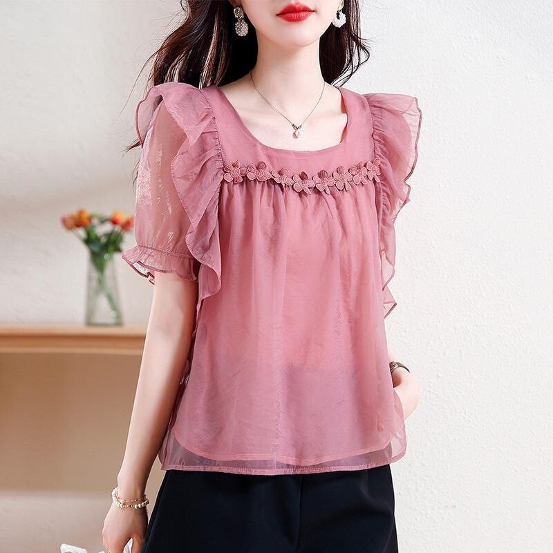 Summer Square-Neck Chiffon Shirt for Women, Short-Sleeved, 2025 New Fashion Stylish Lace-Trimmed Blouse, Short Top