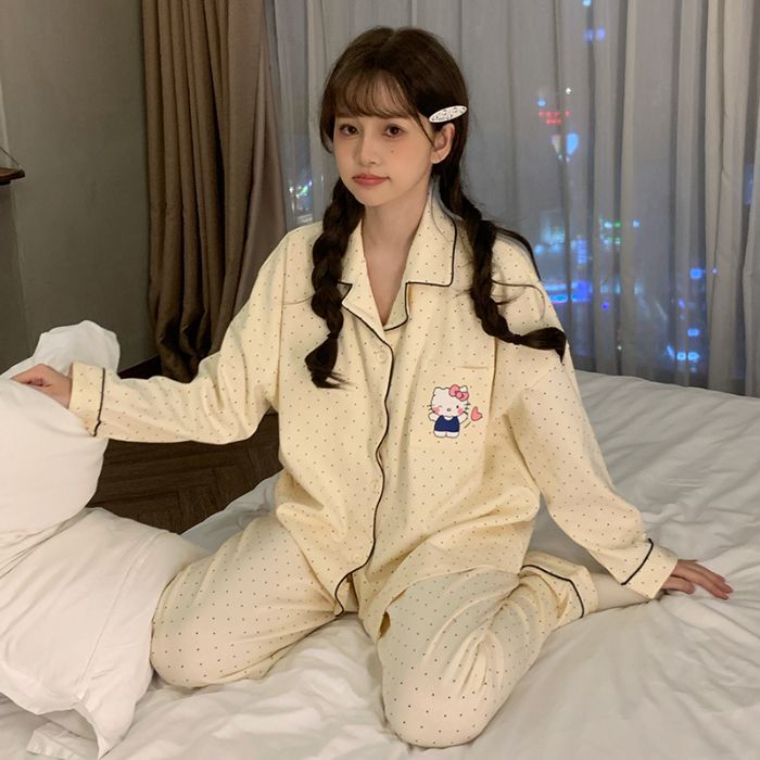 跨境批发睡衣女翻领春秋新款可爱卡通长袖长裤甜美宽松家居服套装|undefined