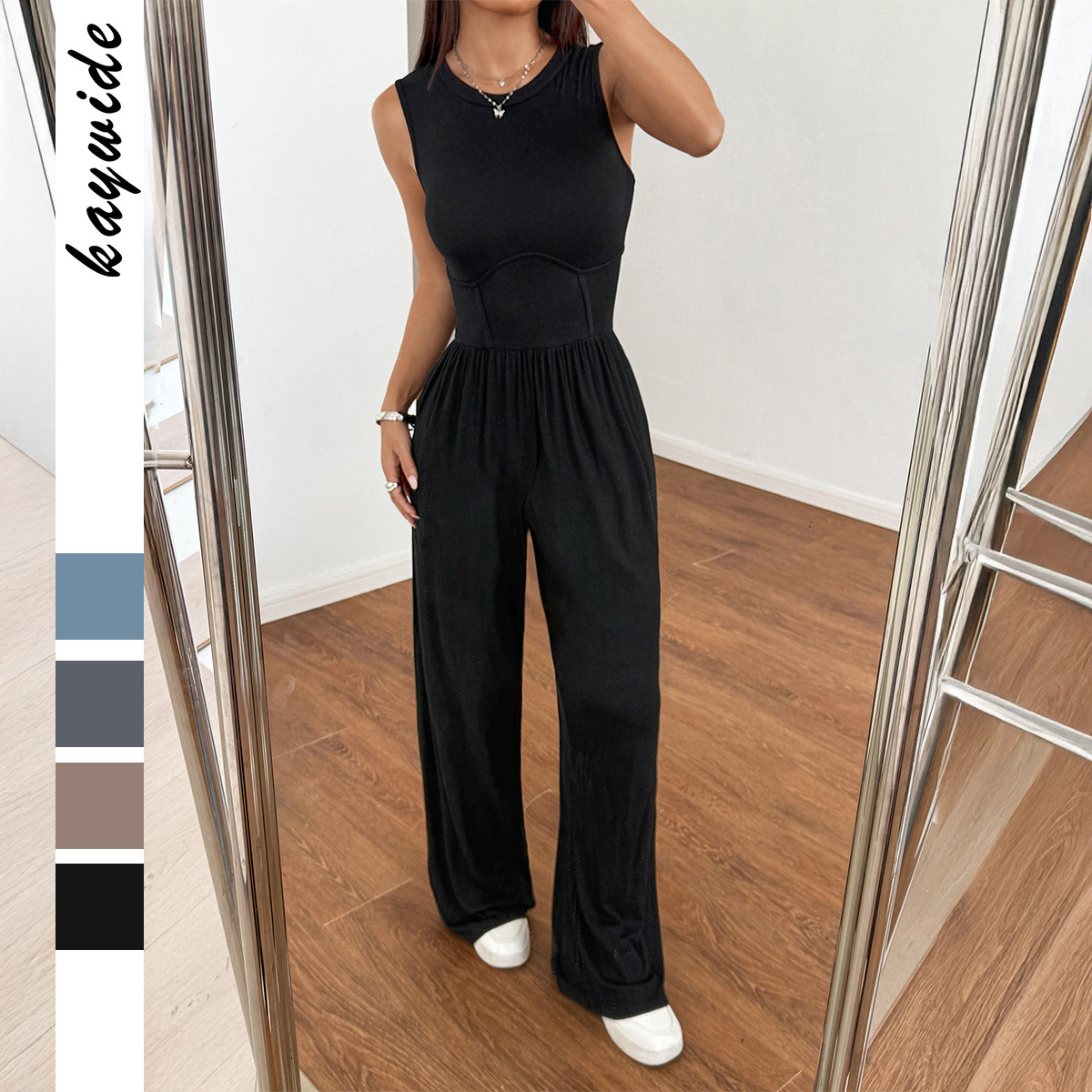 迪芸欧美度假休闲风束腰无袖阔腿连体裤女装2025春夏亚马逊独立站