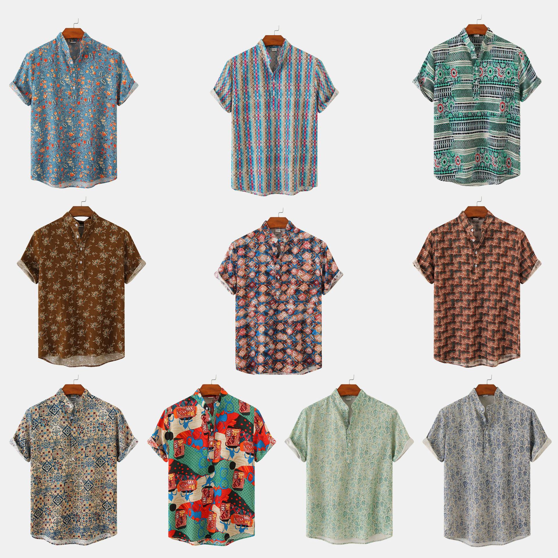 2018夏季新款外贸花型沙滩短袖衬衫跨境欧美尺码夏迷彩印花衬衫男