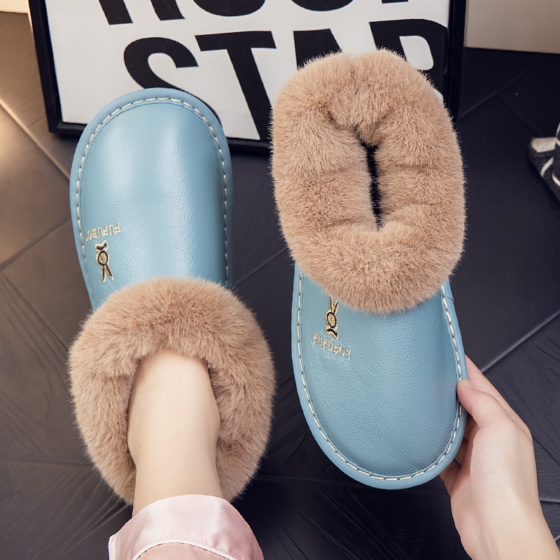 Genuine Leather cotton slippers men's thick bottom waterproof winter with heel women's home warm thickened fleece-lined cotton shoes