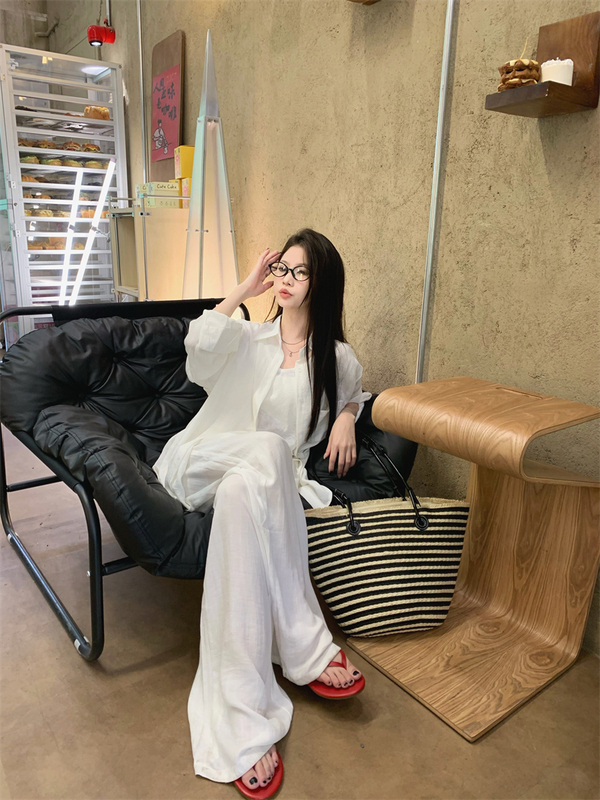棉麻运动套装女秋季老钱风宽松防晒白色衬衫时尚高腰阔腿裤两件套|undefined