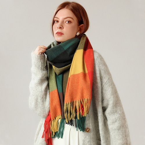 Cashmere-style Plaid Scarf for Women - Autumn/Winter  New Arrival - Cold-Proof & Warm-Keeping Neck Scarf with Thick Fringe - Factory Wholesale