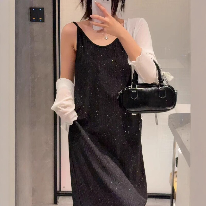 Sparkling Chiba Pleated Suspender Long Skirt for Women Summer Fashion Slim Skirt Casual Versatile Loose Draped Dress