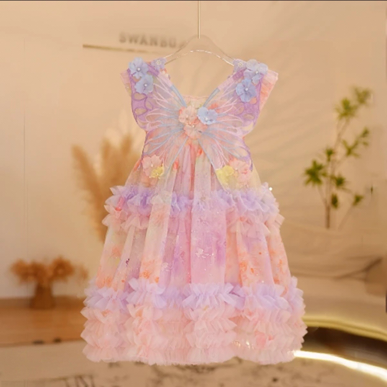 Girls Dress Summer Dress 2025 Children Internet Celebrity Butterfly Suspender Dress Girls Puffy Mesh Princess Dress