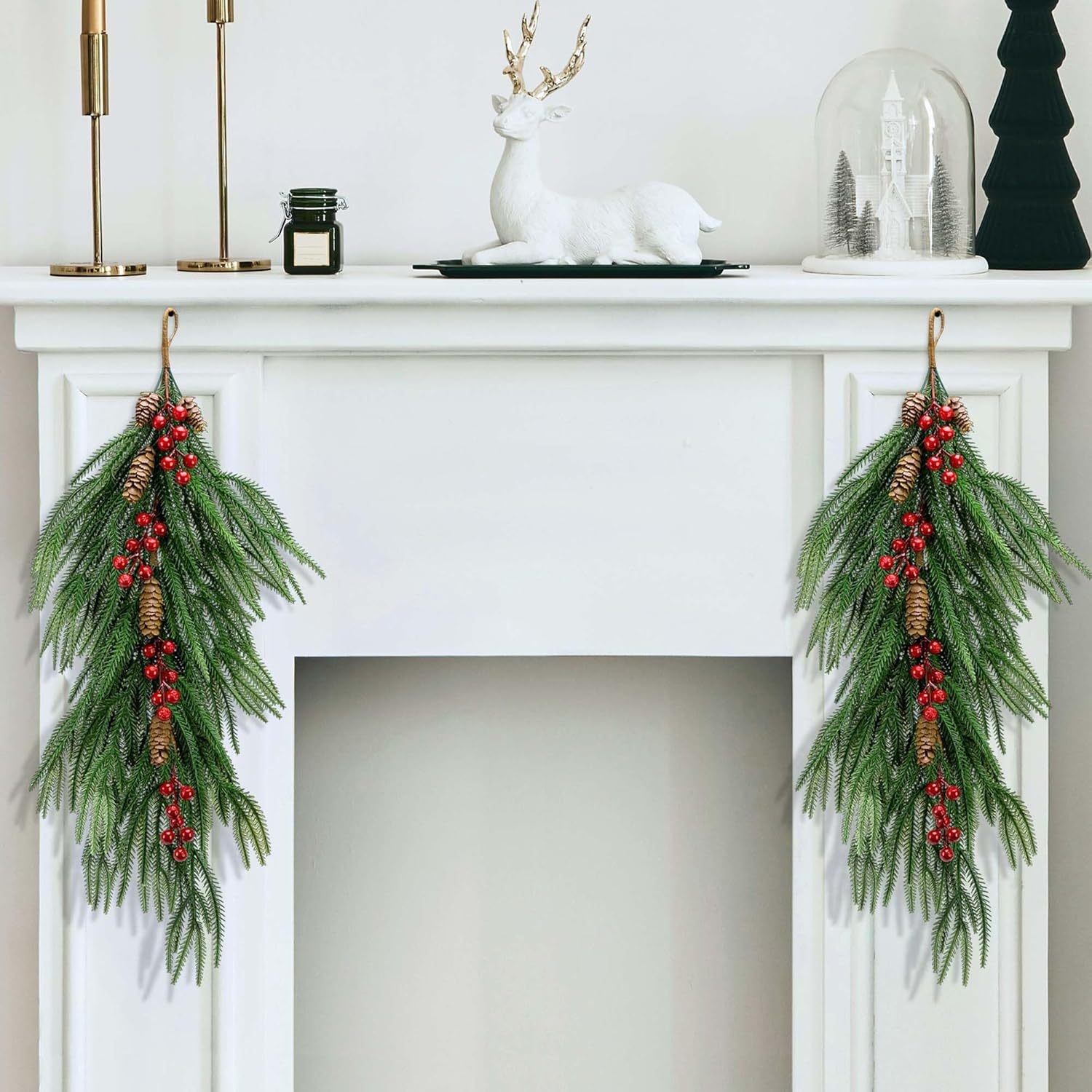 Christmas 10-branch pine needle garland with a realistic texture, perfect for winter decorations on mantels, fireplace walls, tables, and indoor spaces